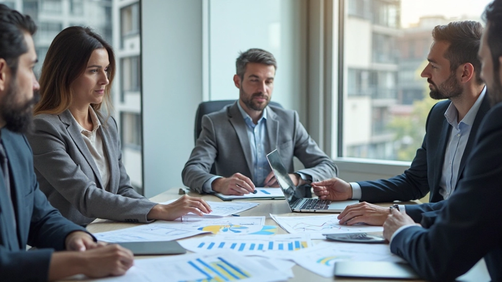 Группа профессионалов обсуждает инвестиционную стратегию и финансовые графики в современном офисе