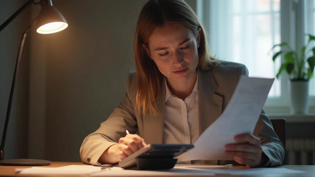 Фото женщины с калькулятором и квитанциями, анализирующей домашний бюджет за столом