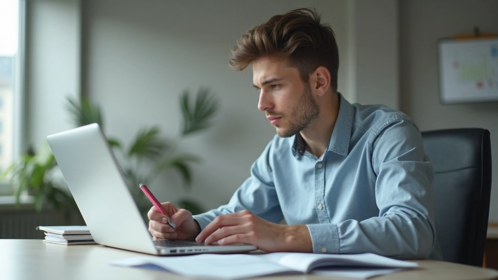 Профессиональное фото молодого человека с ноутбуком, изучающего финансовый план в современном офисе